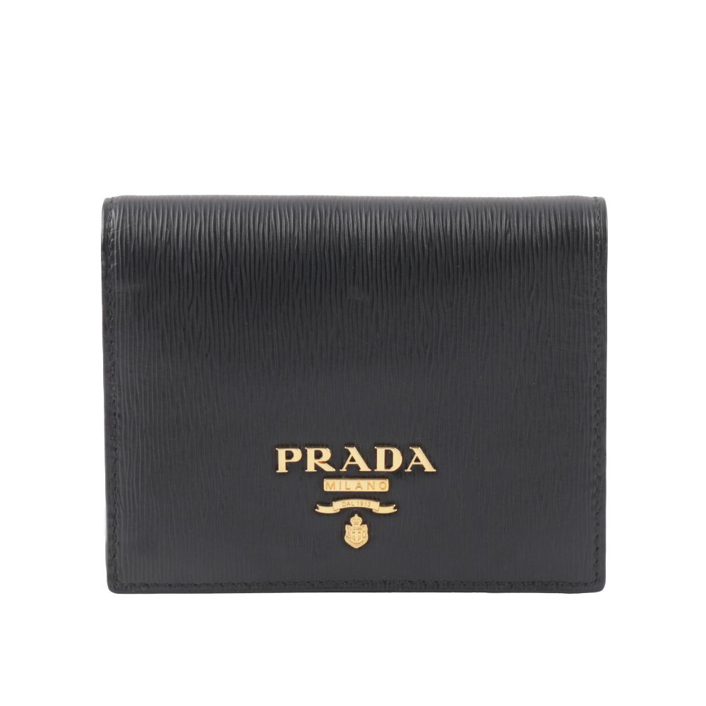 【PRADA】浮雕Logo 水波紋皮革二折零錢袋短夾(黑色)/ 平行輸入