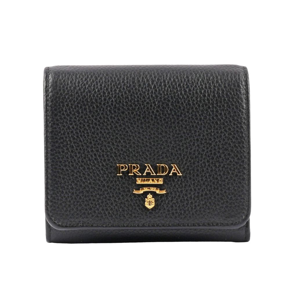 【PRADA】浮雕Logo 荔枝皮革暗釦三折短夾(黑色)/ 平行輸入
