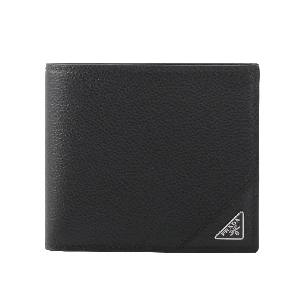 【PRADA 普拉達】銀色三角牌Logo 粒紋皮革對開零錢袋短夾(黑色)/ 平行輸入