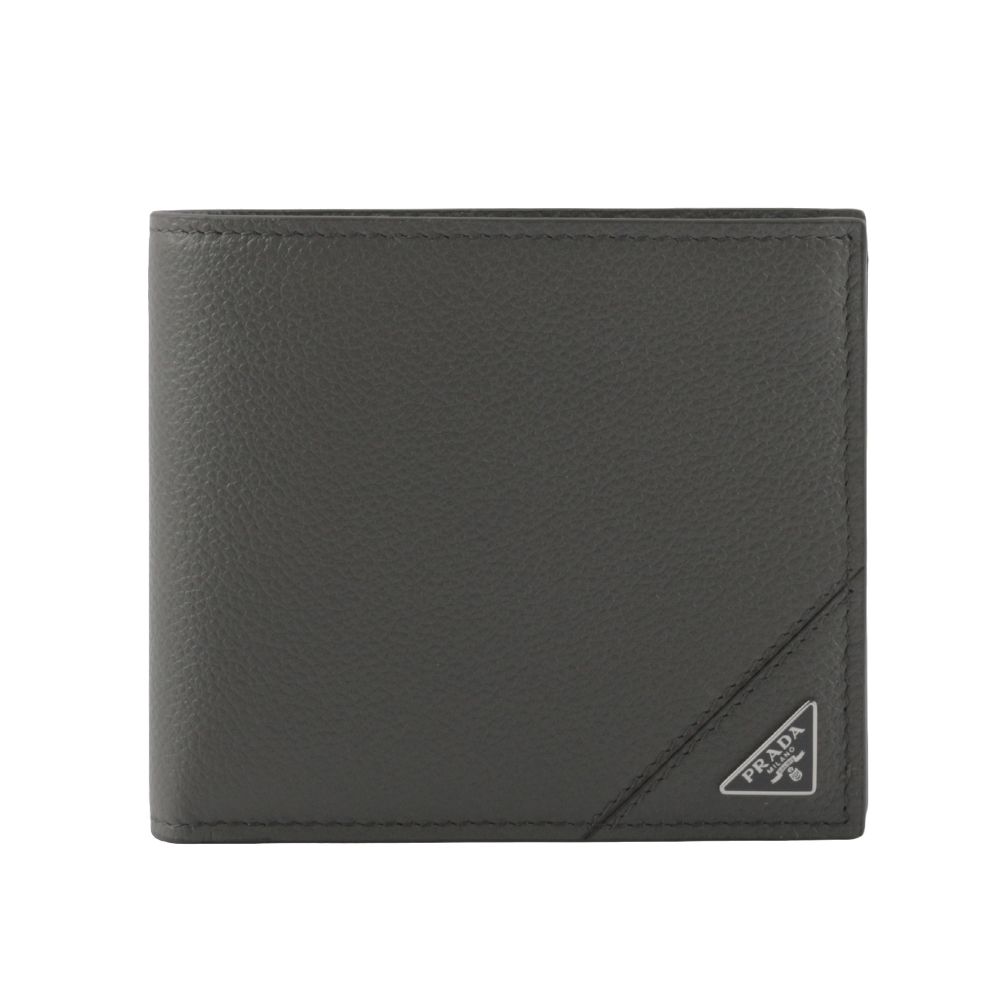 【PRADA】銀色三角牌Logo 粒紋皮革對開零錢袋短夾(灰色)/ 平行輸入