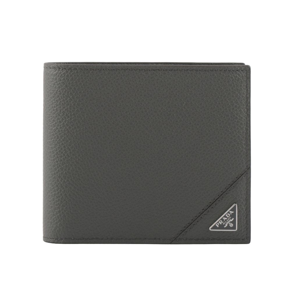 【PRADA】三角牌Logo粒紋牛皮對開8卡短夾(灰色)/ 平行輸入