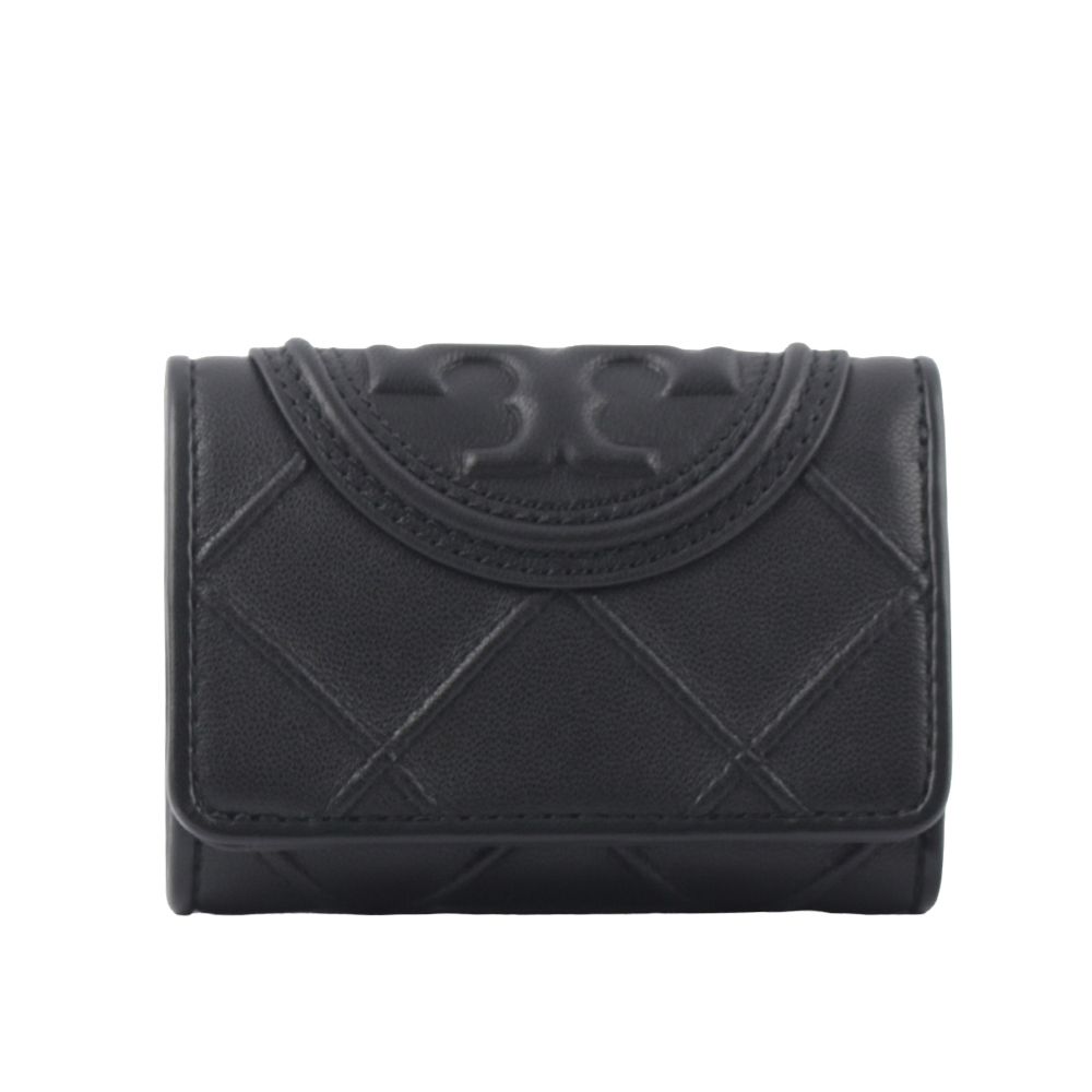 【TORY BURCH】Fleming 縫線納帕皮革小款三折短夾(黑色)/平行輸入