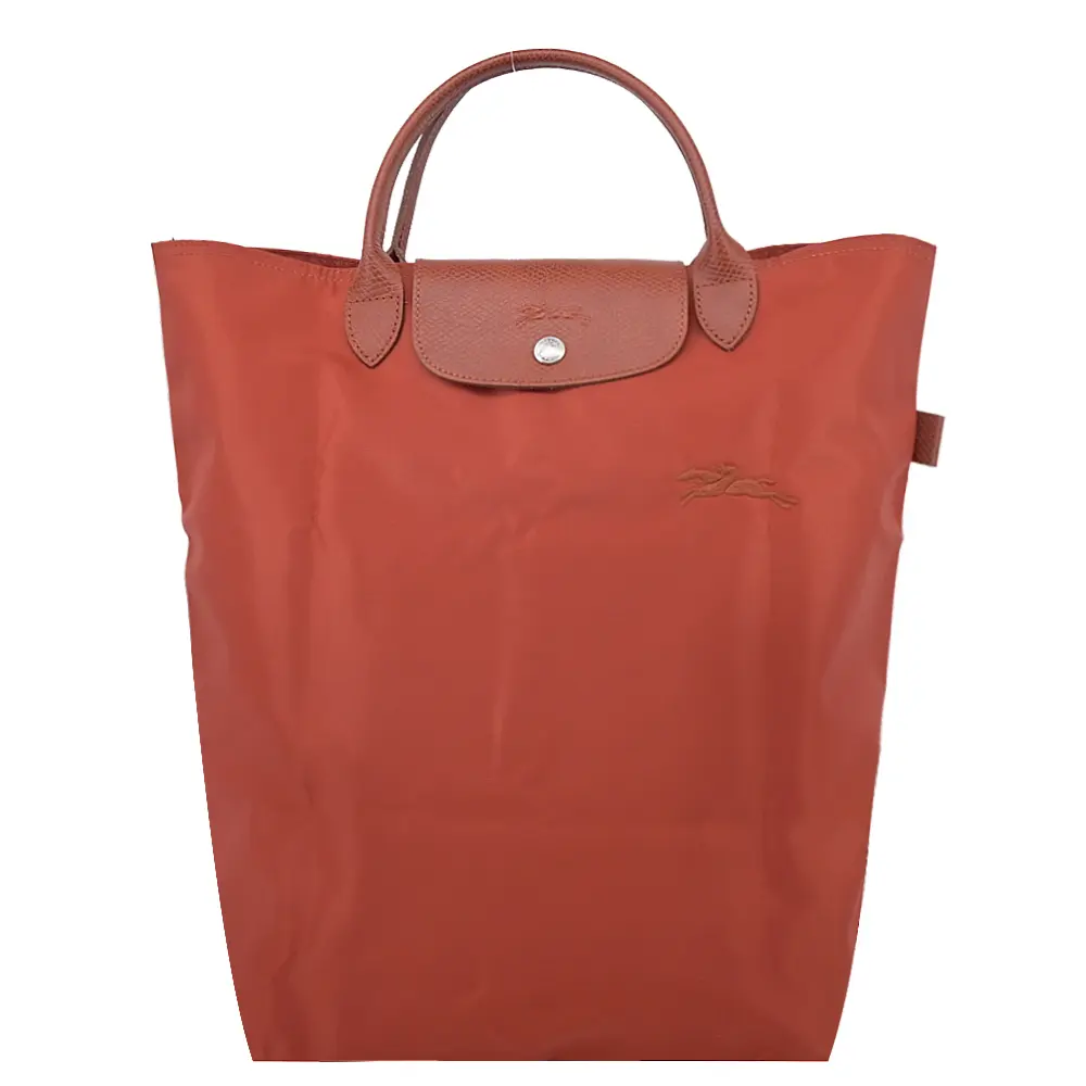 LONGCHAMP LE PLIAGE GREEN系列刺繡短把再生尼龍手提包(中/栗子紅)/平行輸入