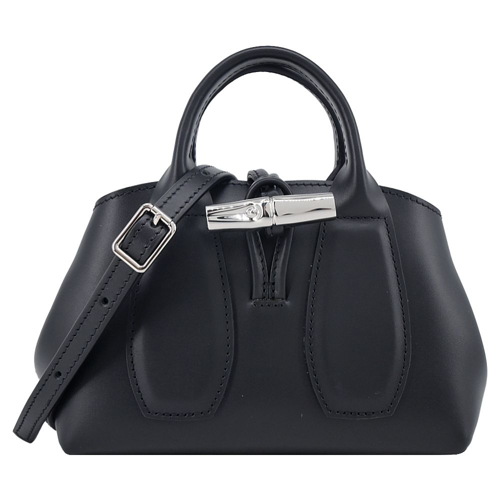 LONGCHAMP LE ROSEAU系列金屬竹節牛皮手提/斜背兩用包(迷你)/平行輸入/ 黑