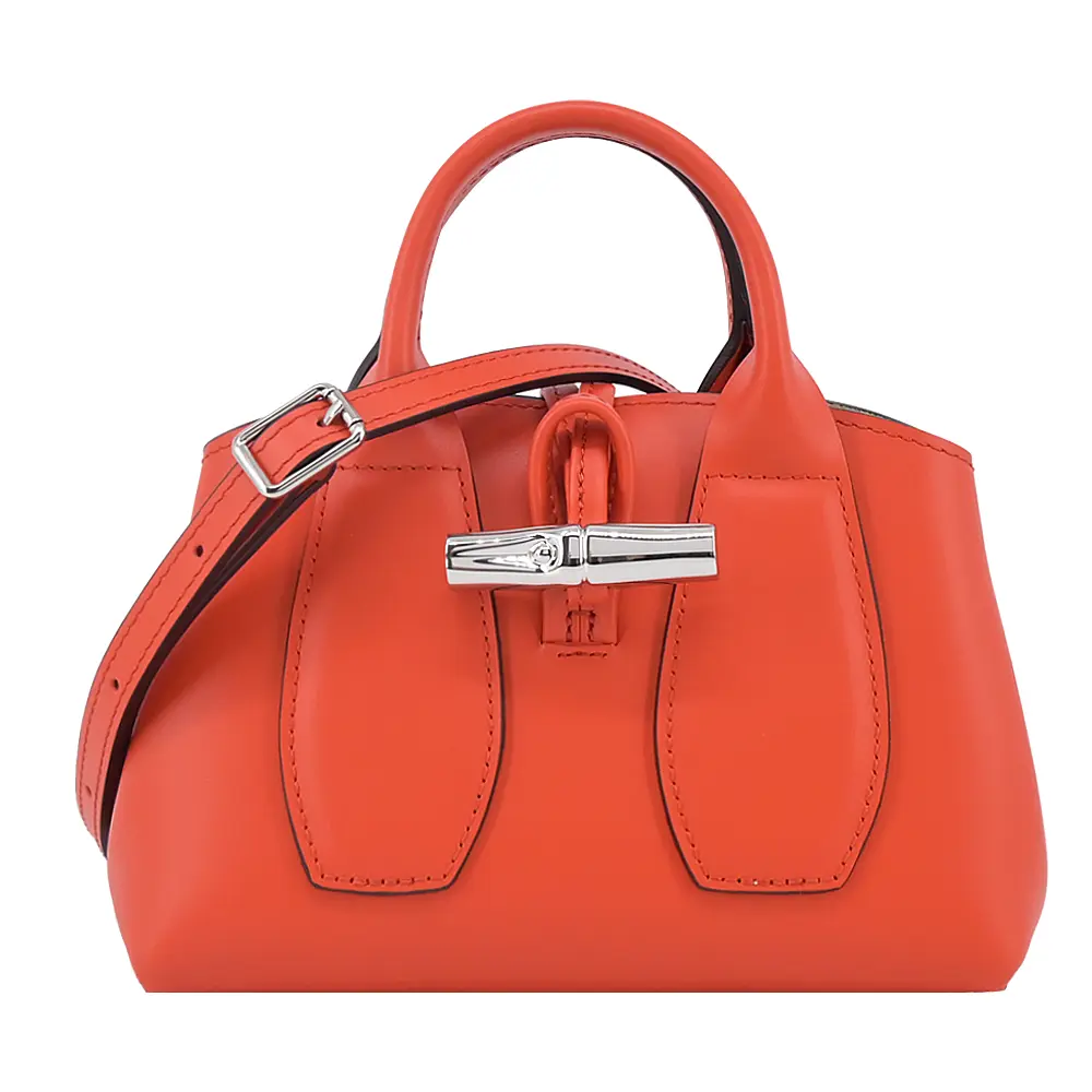 LONGCHAMP LE ROSEAU系列金屬竹節牛皮手提/斜背兩用包(迷你)/平行輸入/ 紅椒