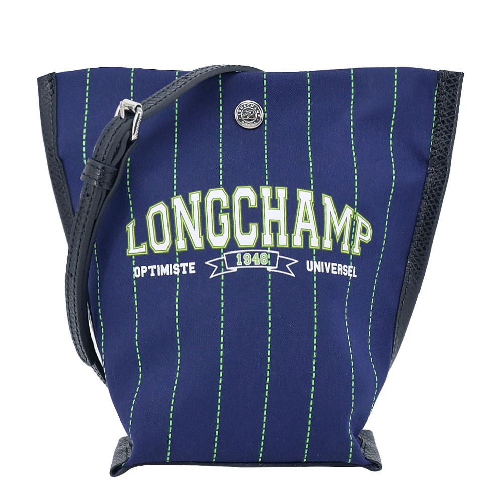 LONGCHAMP ESSENTIAL系列運動風棉質帆布細條紋斜背包(迷你/海軍藍)/平行輸入