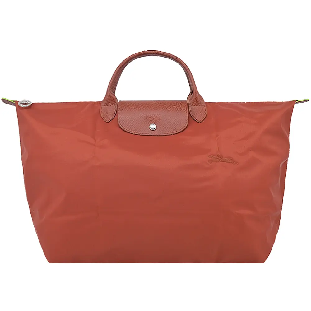 LONGCHAMP LE PLIAGE GREEN系列刺繡短把再生尼龍摺疊旅行袋(小/栗子紅)/平行輸入