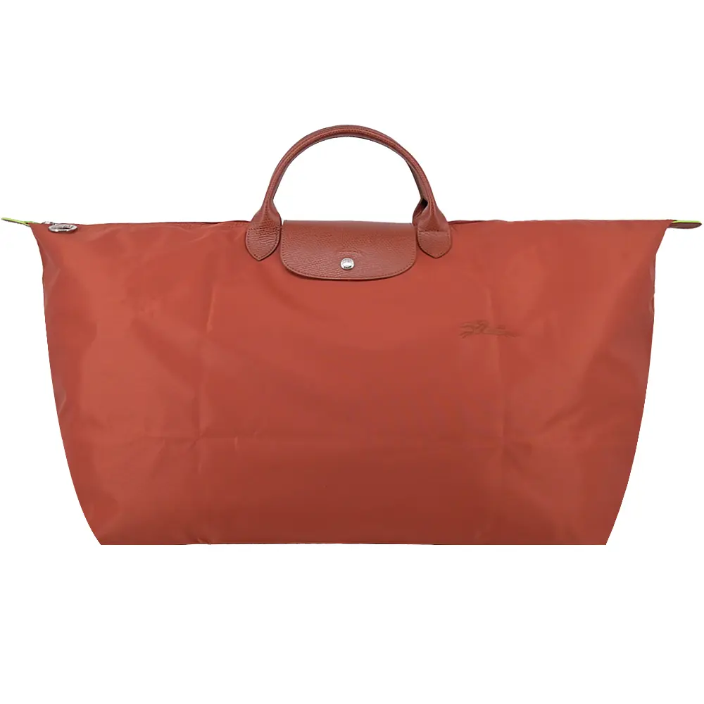 LONGCHAMP LE PLIAGE GREEN系列刺繡短把再生尼龍摺疊旅行袋(中/栗子紅/平行輸入