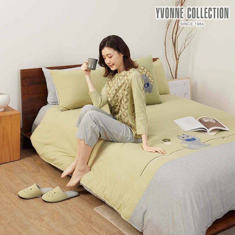 YVONNE COLLECTION招財貓 雙人被套+枕套組-抹茶綠