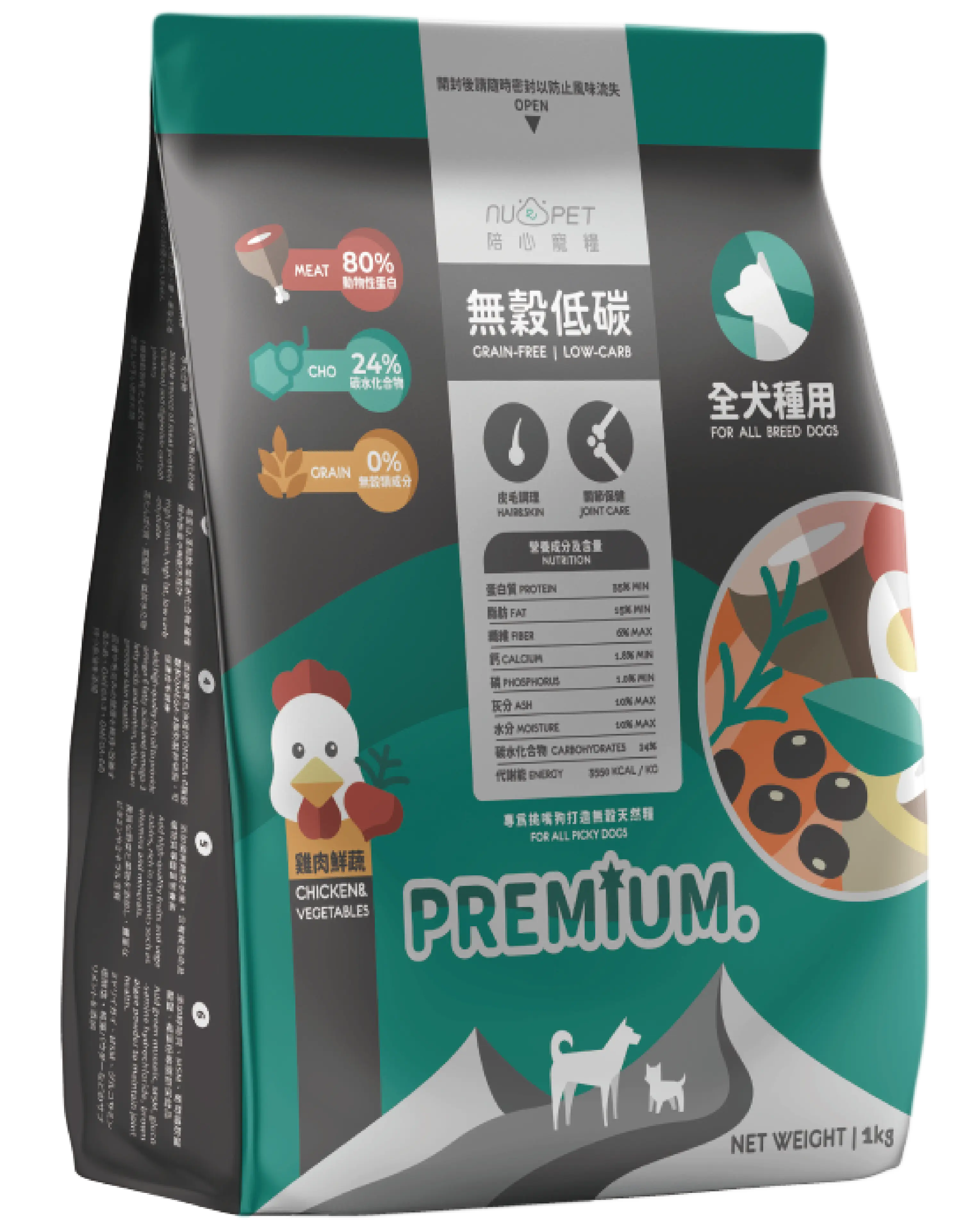 【NU4PET 陪心寵糧】全齡犬無穀低敏犬糧 雞肉鮮蔬 1Kg