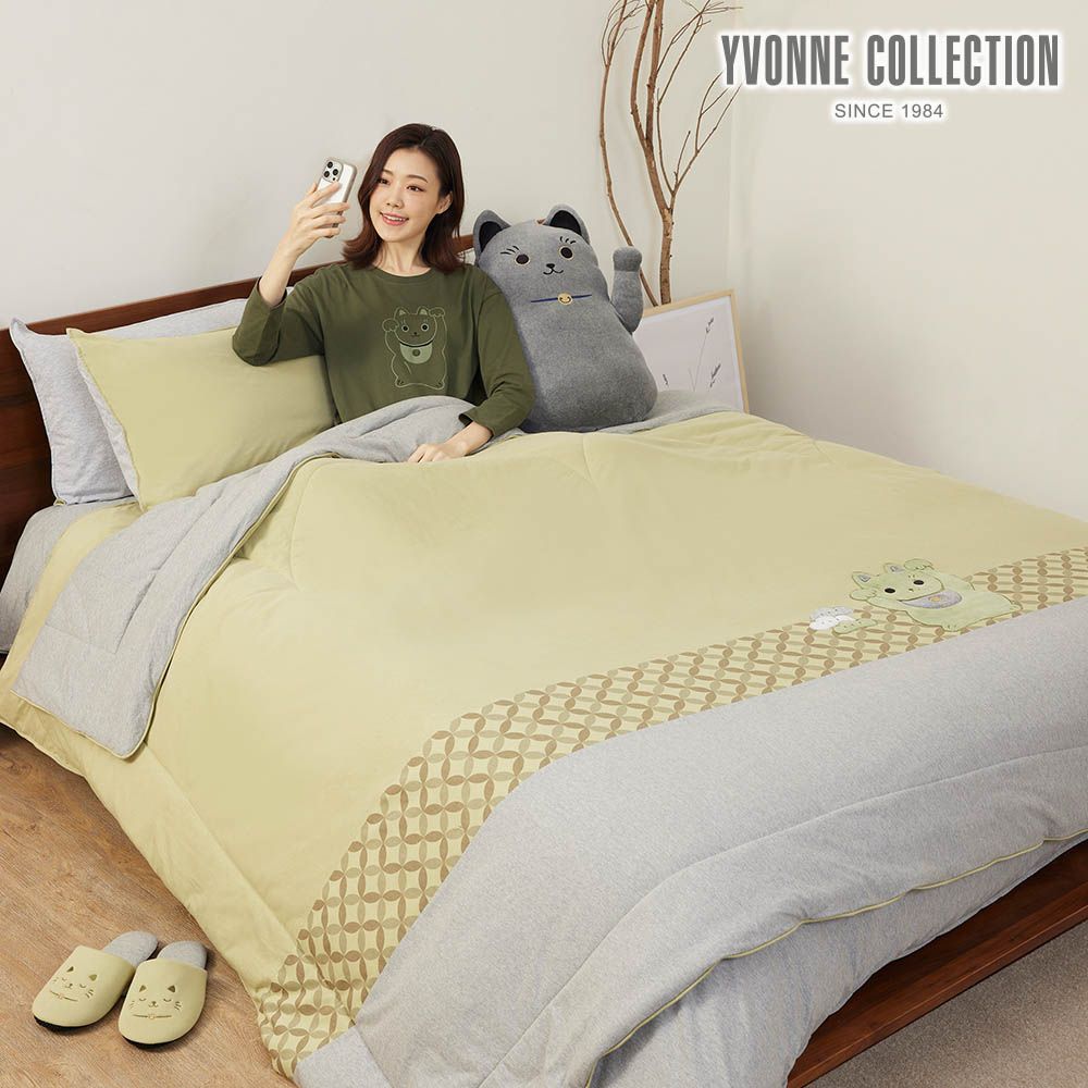 YVONNE COLLECTION招財貓 雙人四季被-抹茶綠