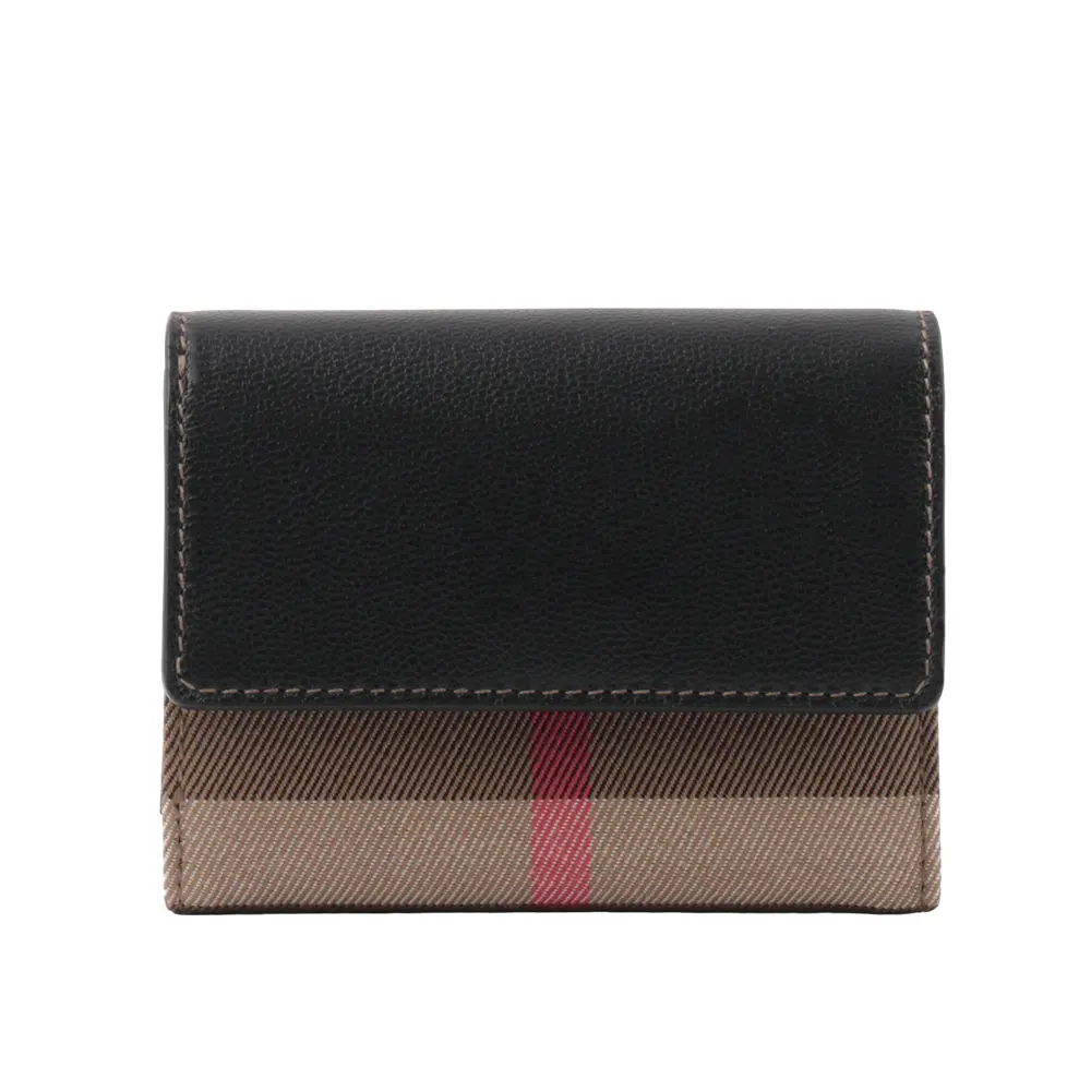【BURBERRY】Lancaster 牛皮及帆布格紋三折短夾(黑色/棕色)/ 平行輸入