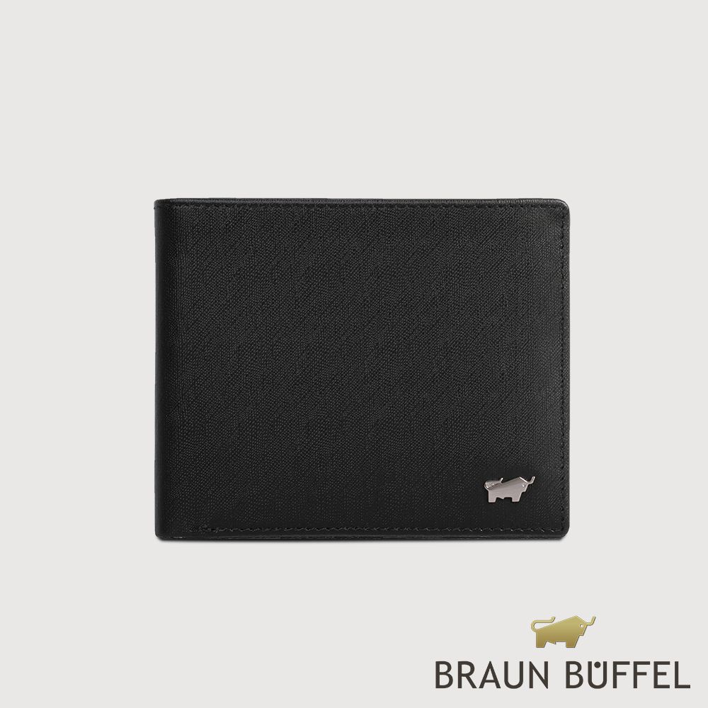 【BRAUN BUFFEL 德國小金牛】台灣總代理 HOMME-M 8卡中間翻零錢袋短夾-黑色/BF306-318-BK
