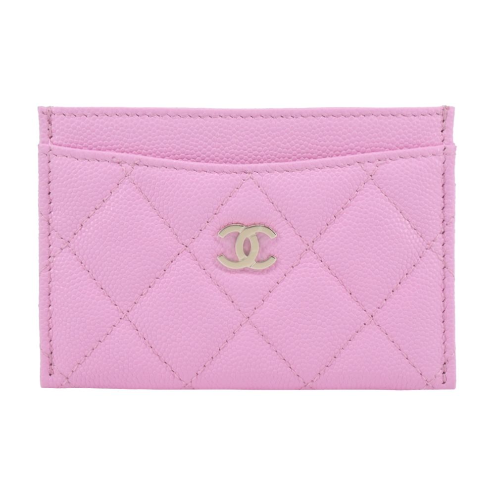 CHANEL 經典雙C LOGO菱格小牛皮卡片夾(粉色)/平行輸入