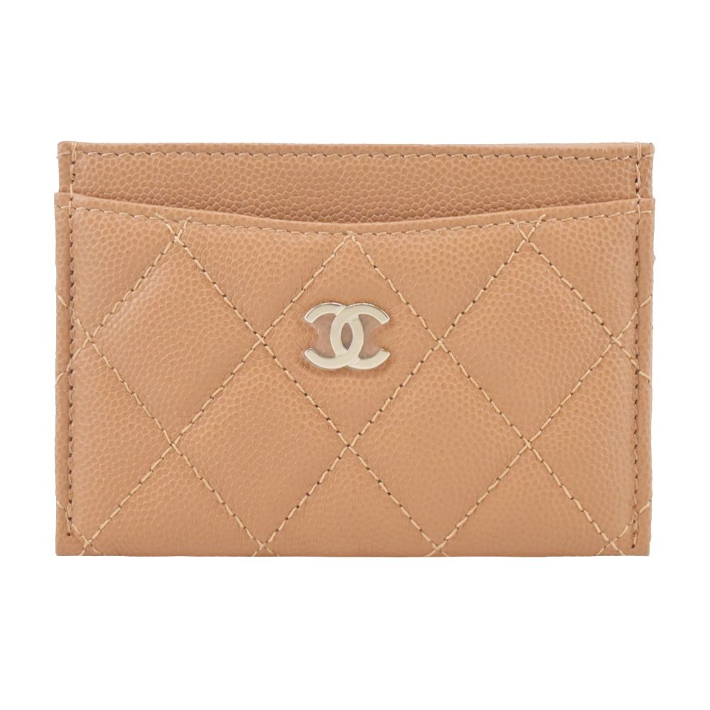 CHANEL 經典雙C LOGO菱格小牛皮卡片夾(深米色)/平行輸入