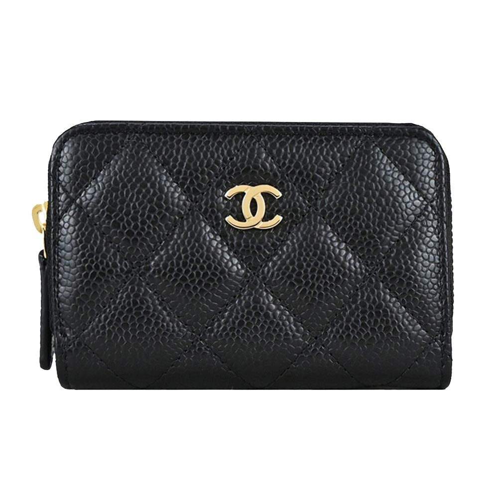 CHANEL 經典雙C LOGO菱格紋小牛皮拉鍊零錢包(黑色)/平行輸入
