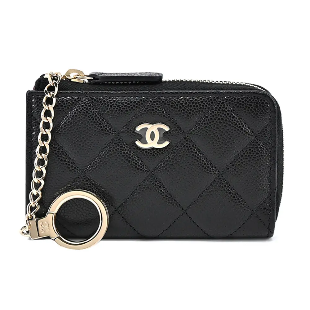 CHANEL 經典雙C LOGO 粒紋小牛皮鑰匙零錢包(黑色)/平行輸入