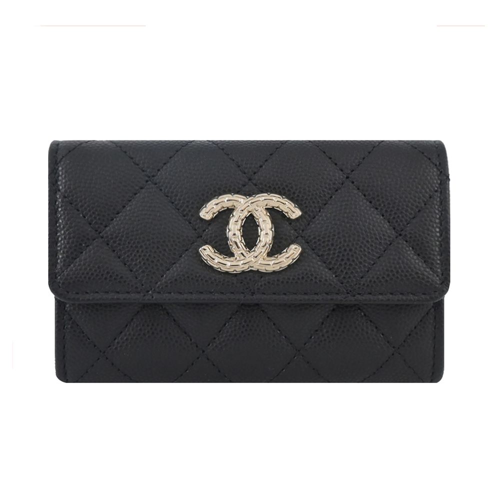 CHANEL 經典雙C LOGO菱格紋小牛皮翻蓋卡片夾(黑色)/平行輸入