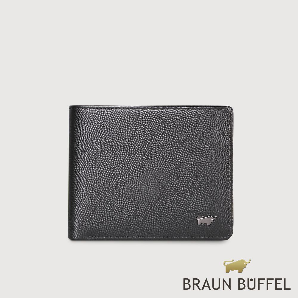 【BRAUN BUFFEL 德國小金牛】台灣總代理 至尊 8卡中間翻零錢袋短夾-黑色/BF536-318-BK