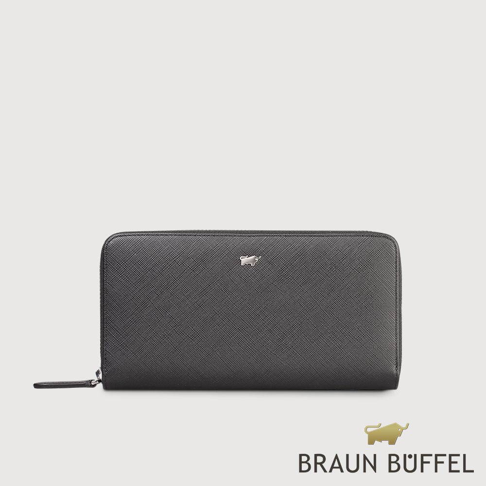 【BRAUN BUFFEL 德國小金牛】台灣總代理 尚恩A 12卡拉鍊長夾-黑色/BF354-602-BK