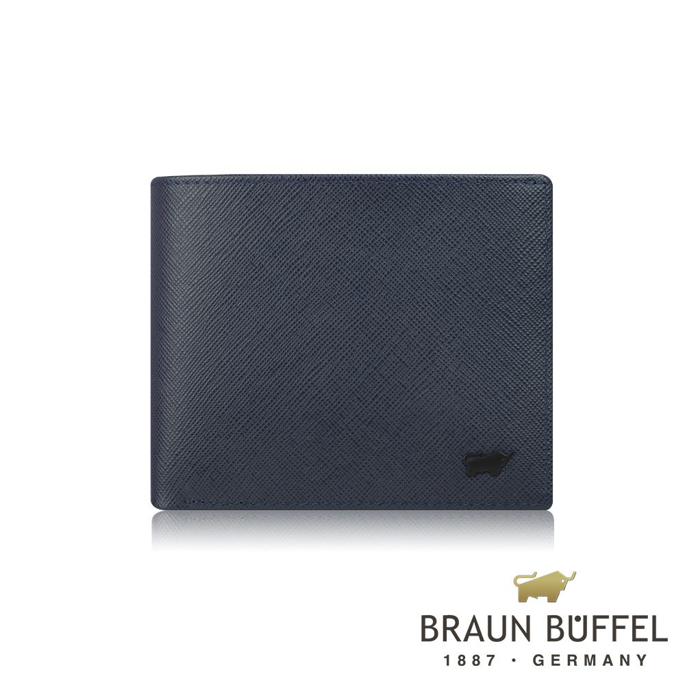 【BRAUN BUFFEL 德國小金牛】台灣總代理 洛菲諾P-II 8卡中間翻零錢袋短夾-藍色/BF347-318-NY