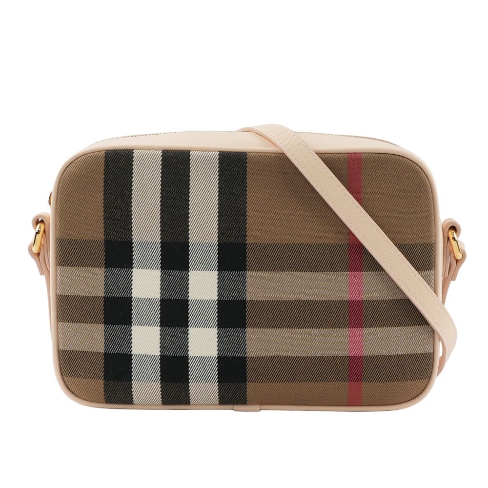 【BURBERRY】經典深格紋及牛皮大款拉鍊相機包(貝殼粉)/ 平行輸入