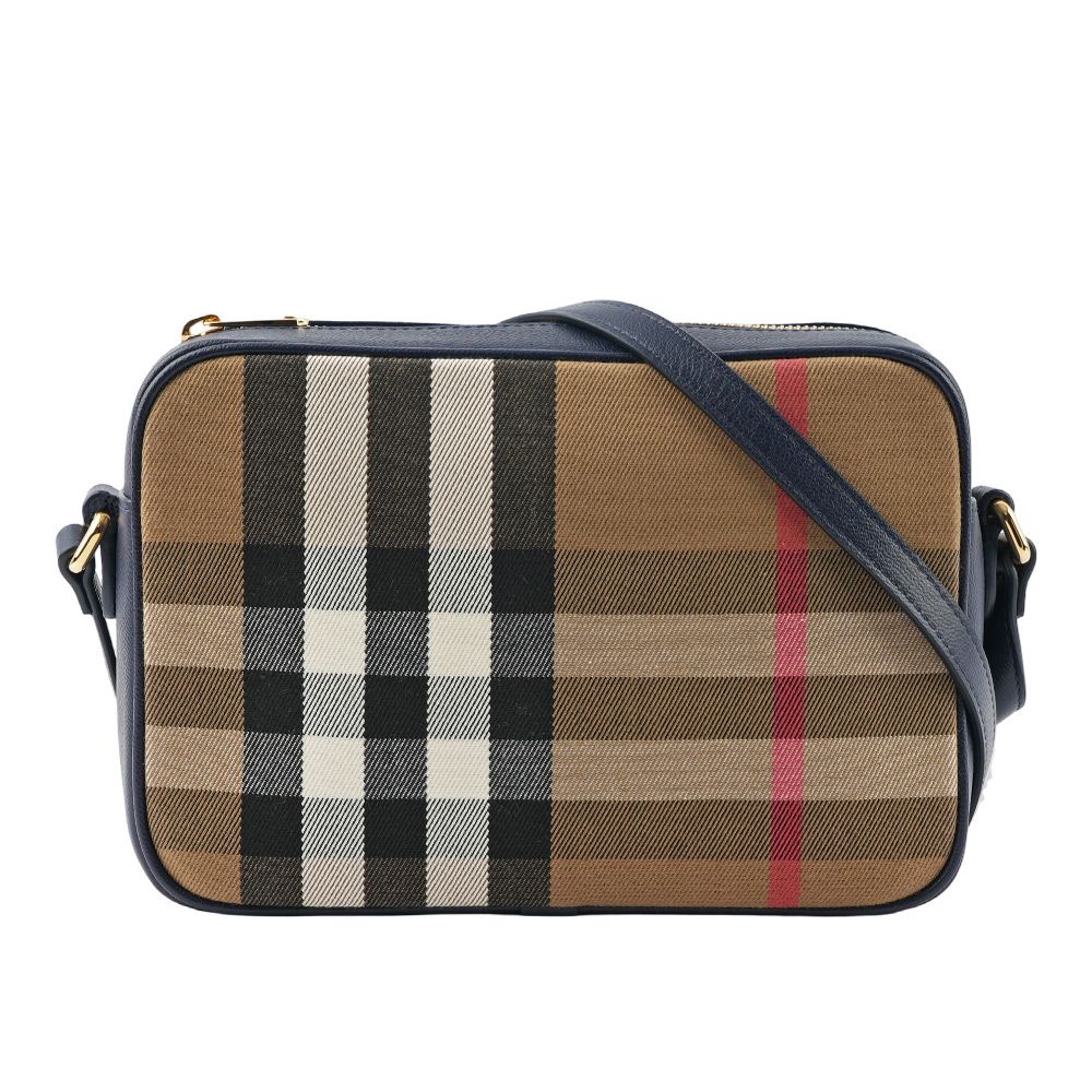 【BURBERRY】經典深格紋及牛皮大款拉鍊相機包(海軍藍)/ 平行輸入