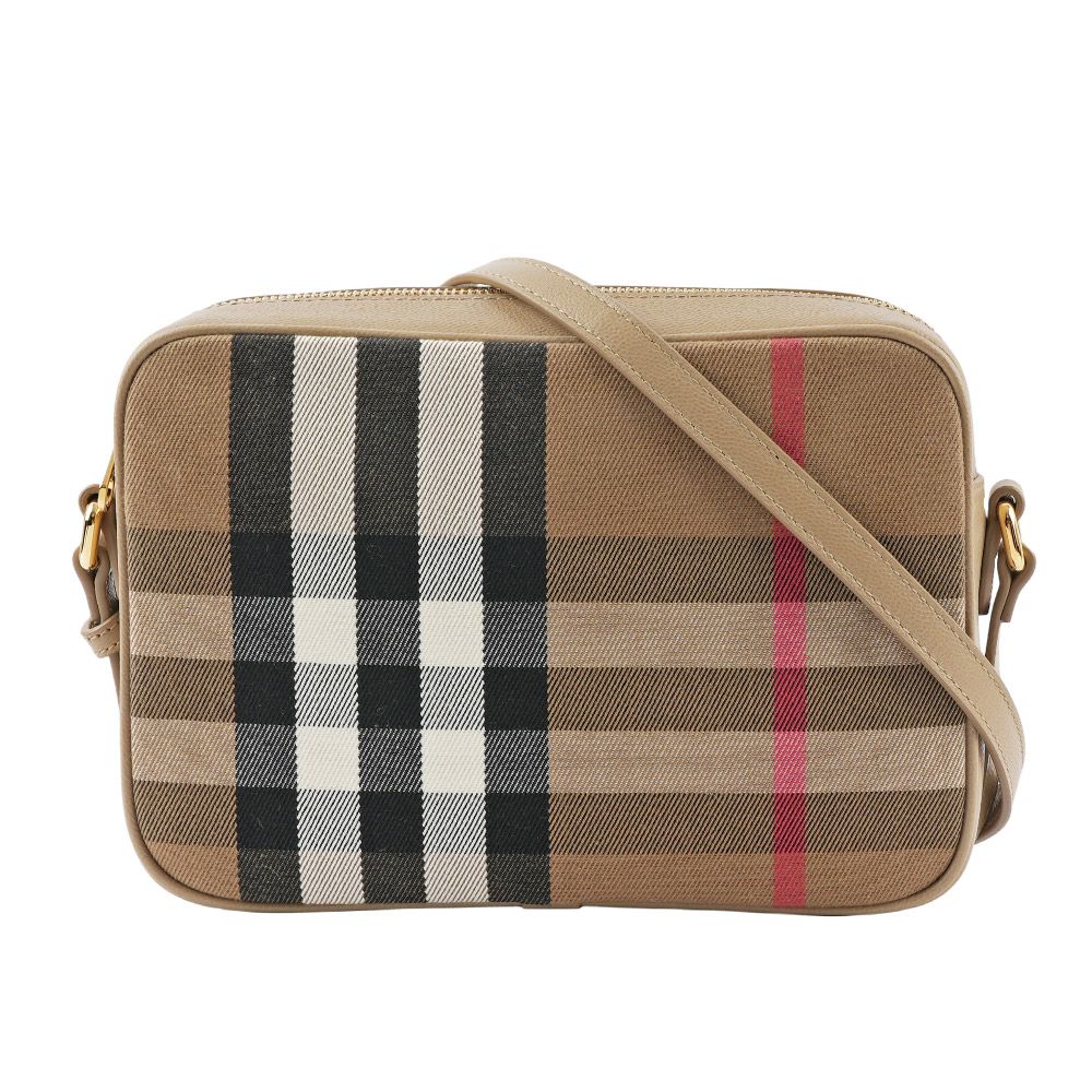 【BURBERRY】經典深格紋及牛皮大款拉鍊相機包(栗子色)/ 平行輸入