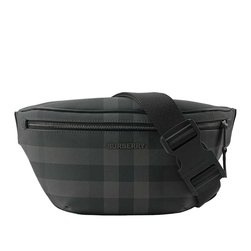 【BURBERRY 巴寶莉】Cason 塗層帆布及牛皮腰包(炭灰色)/ 平行輸入