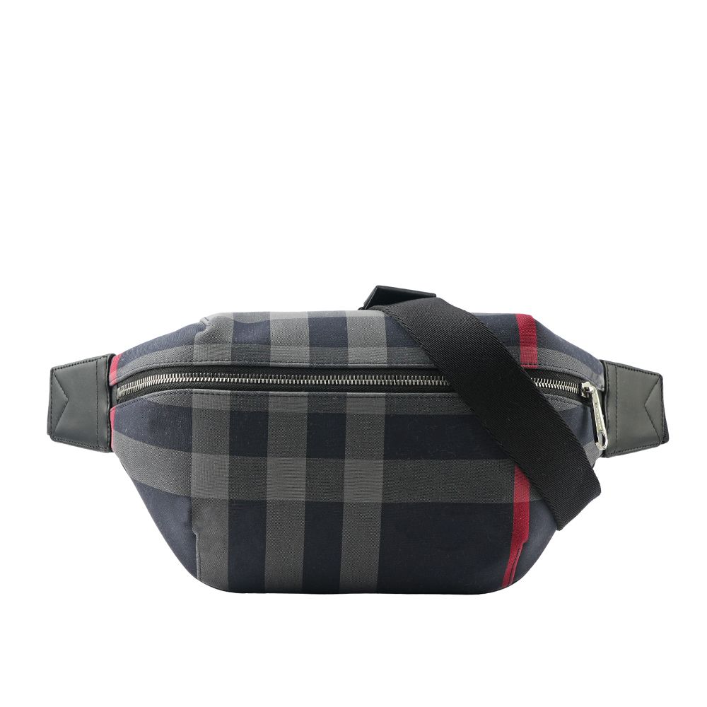 【BURBERRY】經典格紋帆布 Sonny腰包(海軍藍/紅色)/ 平行輸入