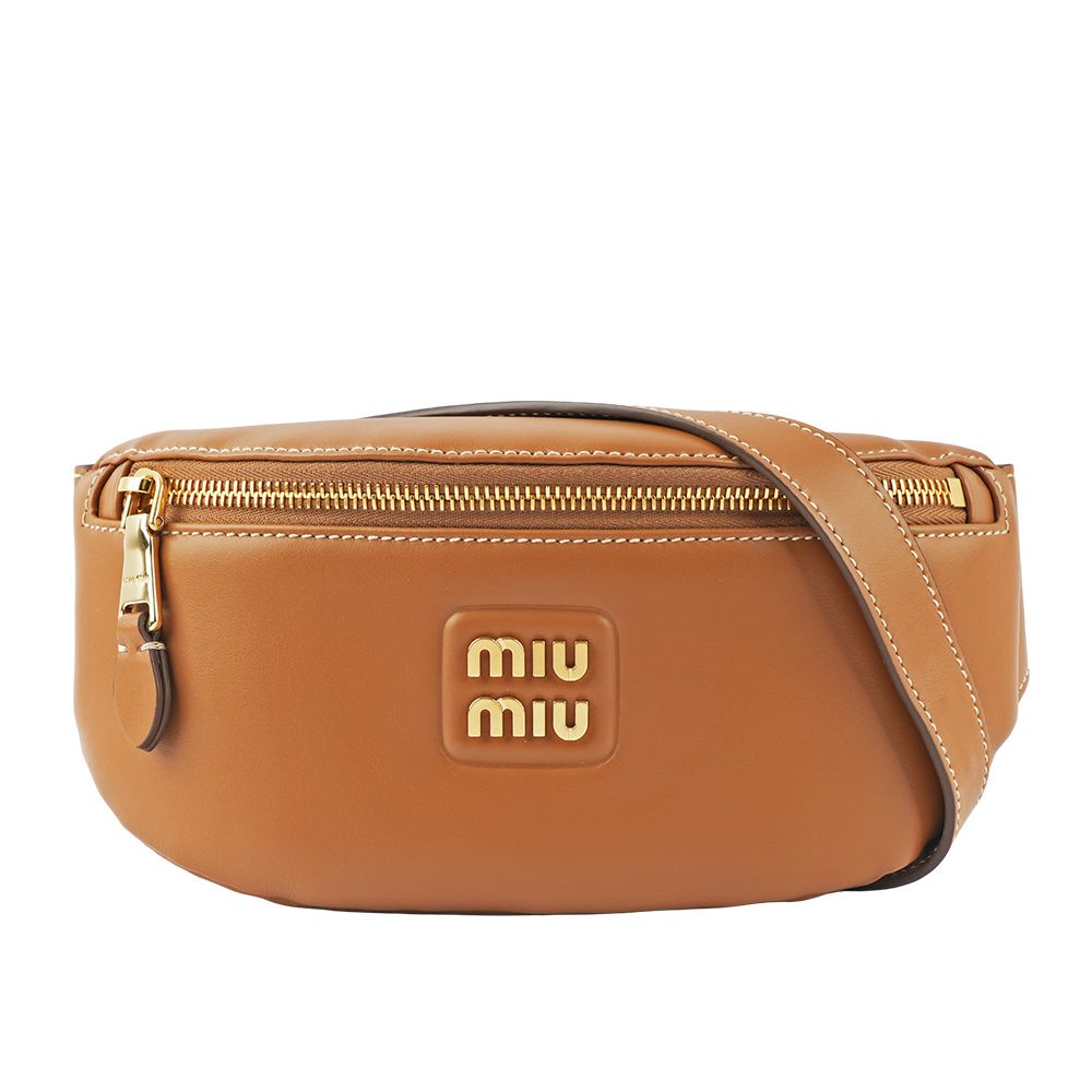 【MIU MIU】金字Logo 小牛皮腰包/胸口包(焦糖色)/平行輸入