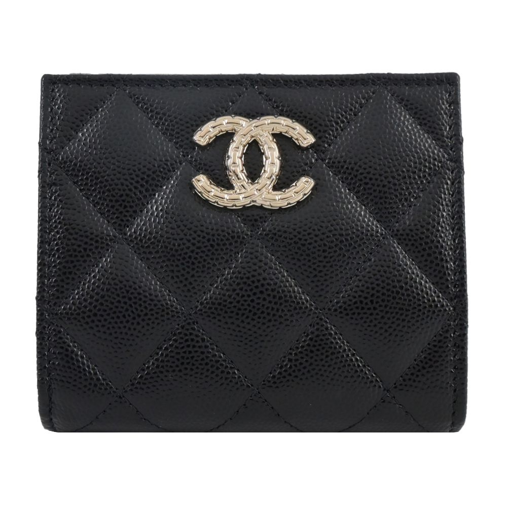 CHANEL 經典雙C壓紋LOGO小牛皮對開短夾(黑色)/平行輸入