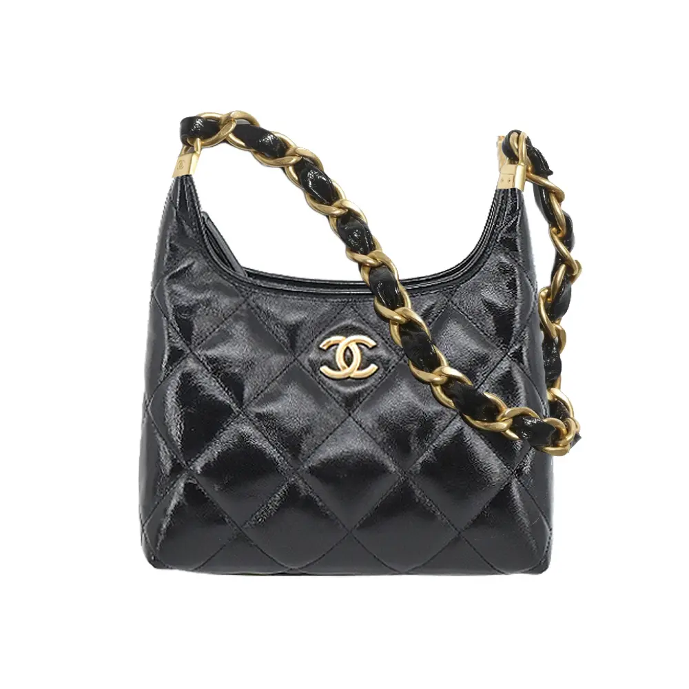 CHANEL 經典菱格紋亮面小羊皮小型流浪包(黑色)/平行輸入