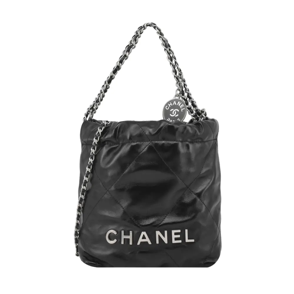 CHANEL 22 Mini Handbag菱格紋縫線亮面小牛皮肩背包(黑色)/平行輸入