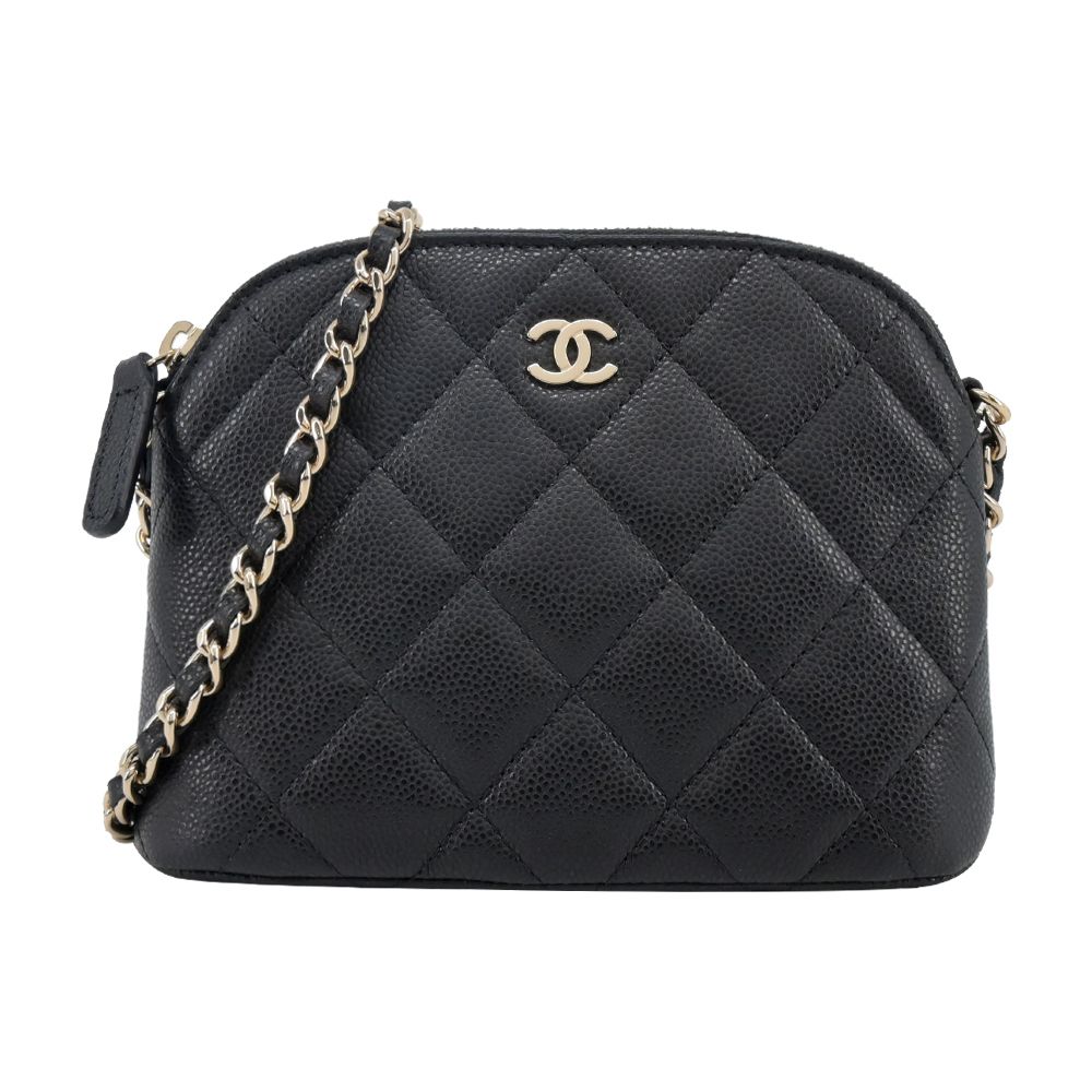 CHANEL 經典雙C LOGO菱格小牛皮貝殼/斜背包 (黑色)/平行輸入