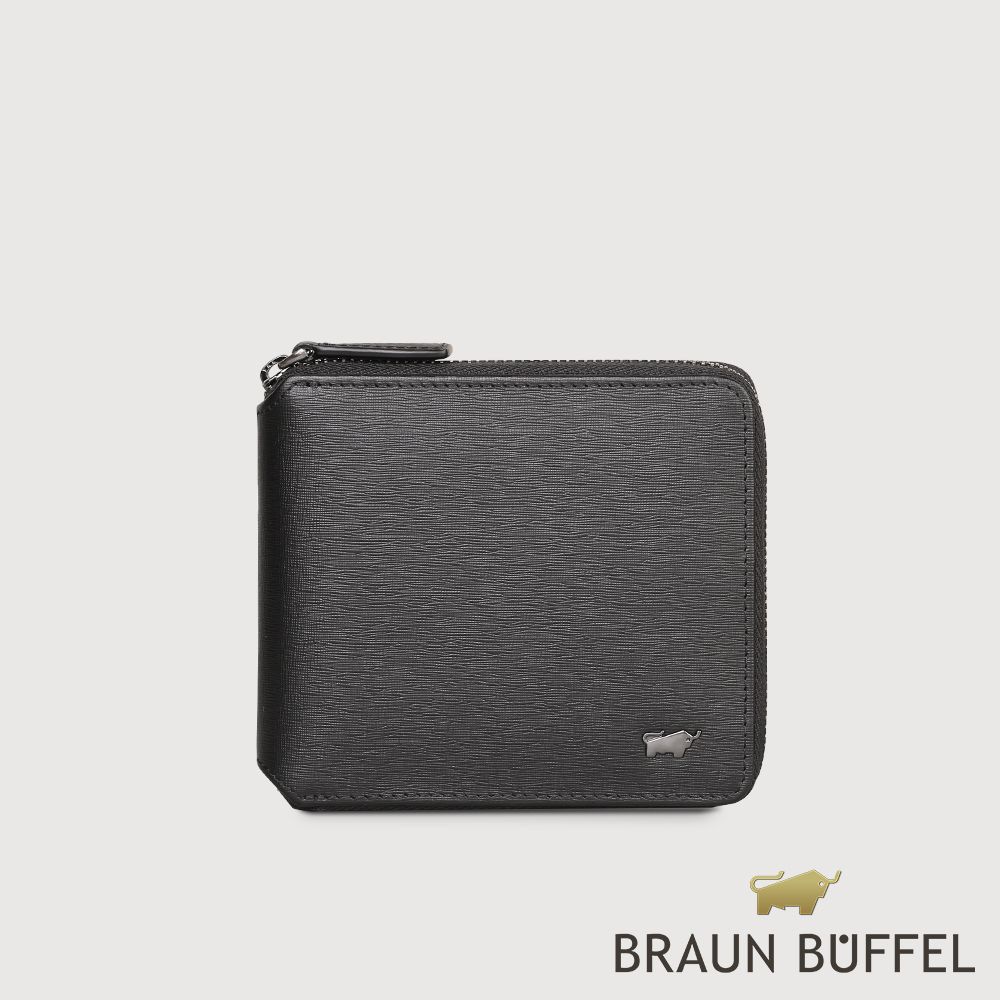 【BRAUN BUFFEL 德國小金牛】台灣總代理  瓦拉頓-TW 8卡拉鍊皮夾-黑色/BF537-328-BK