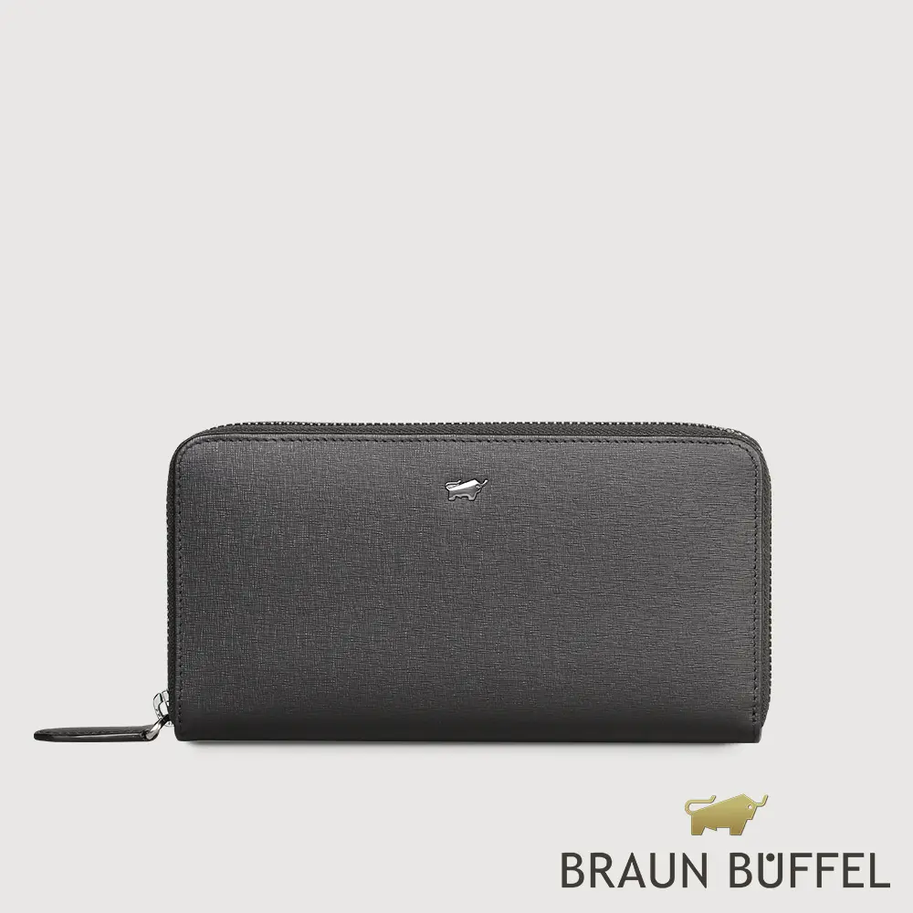 【BRAUN BUFFEL 德國小金牛】台灣總代理  瓦拉頓-TW 12卡拉鍊長夾-黑色/BF537-602-BK