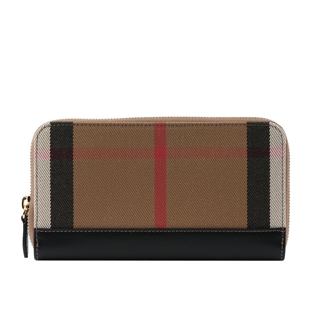 【BURBERRY】格紋拼皮革ㄇ型拉鍊長夾(黑色)/ 平行輸入
