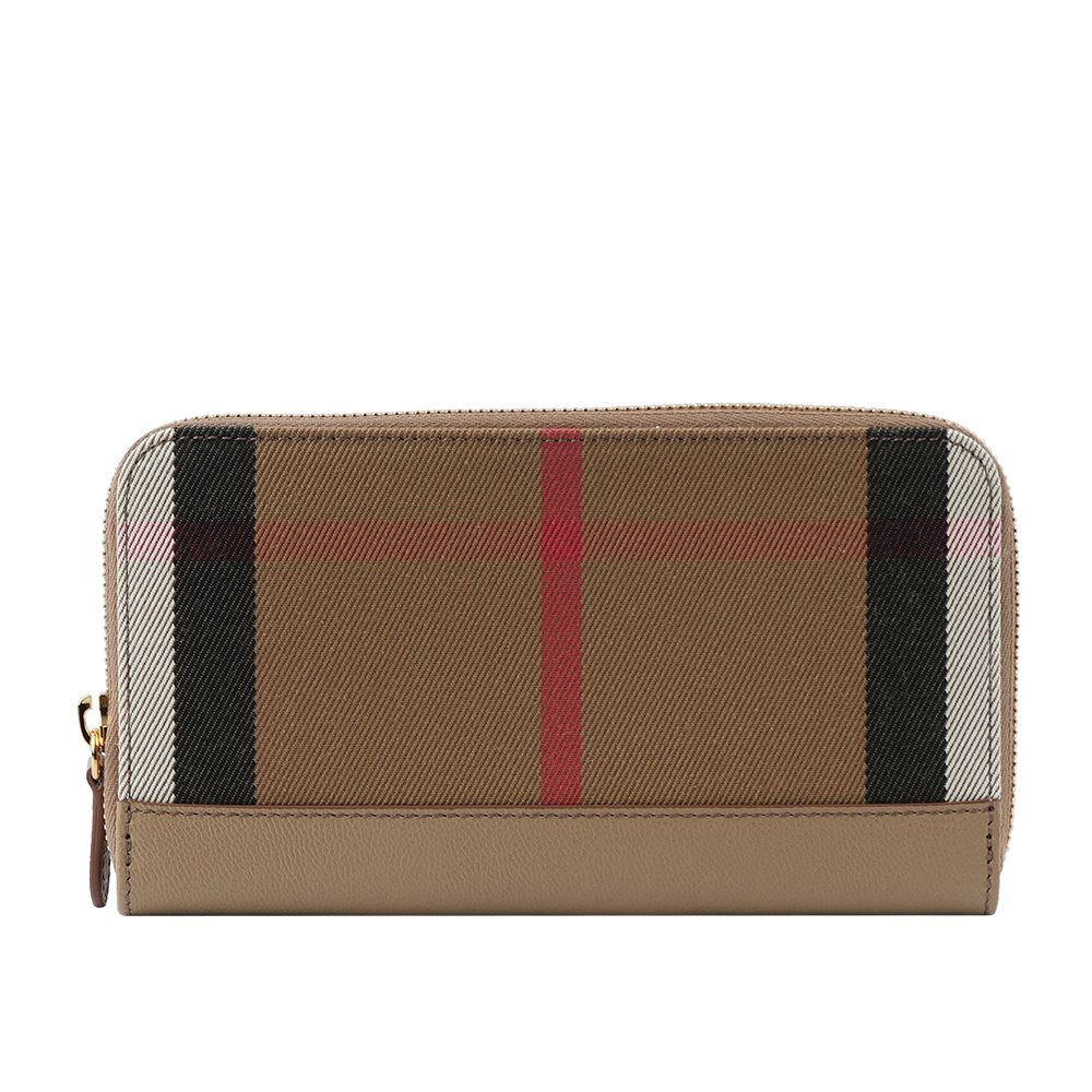 【BURBERRY】格紋拼皮革ㄇ型拉鍊長夾(栗子色)/ 平行輸入