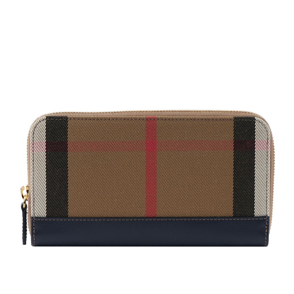 【BURBERRY】格紋拼皮革ㄇ型拉鍊長夾(海軍藍)/ 平行輸入
