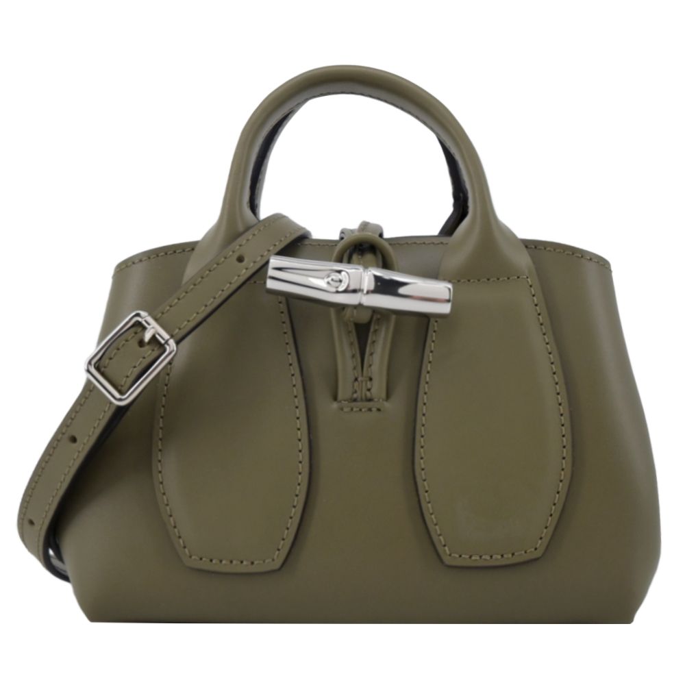 LONGCHAMP LE ROSEAU系列金屬竹節牛皮手提/斜背兩用包(迷你/卡其綠)/平行輸入