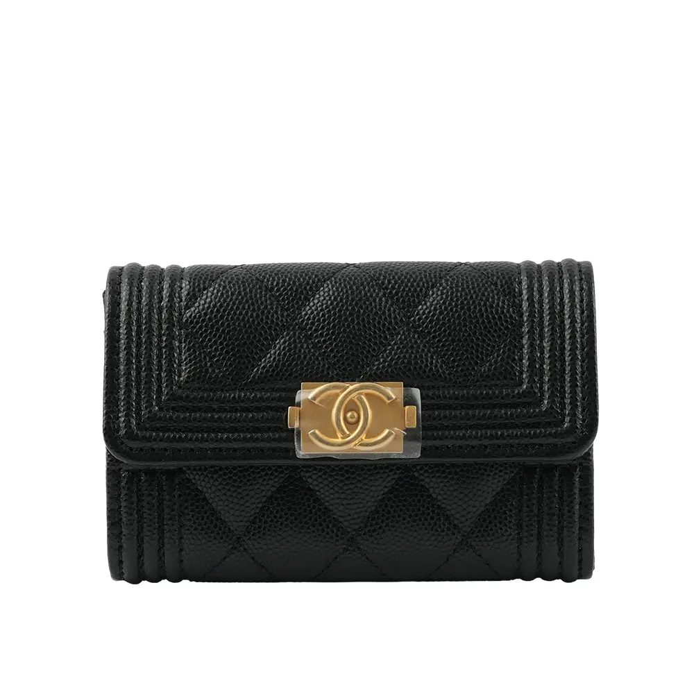 【CHANEL】Boy Chanel 金釦牛皮翻蓋卡片夾/零錢包(黑色)/ 平行輸入