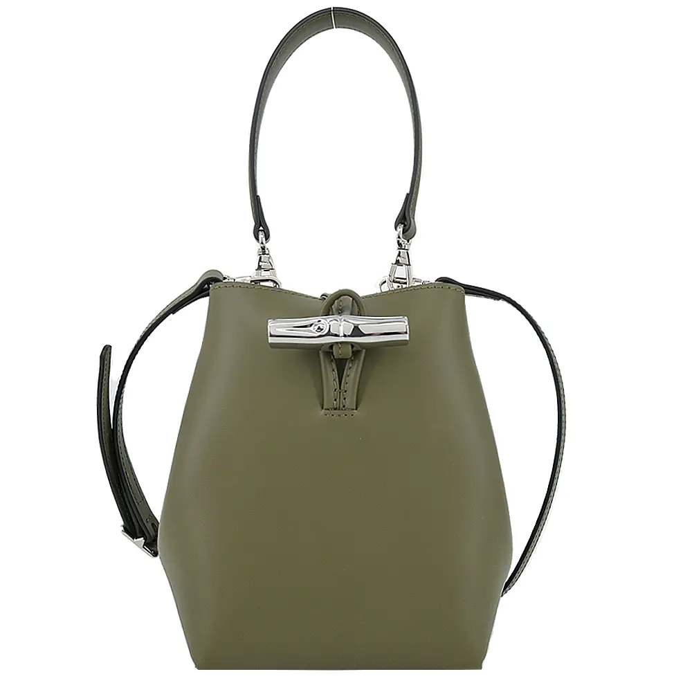 LONGCHAMP LE ROSEAU系列金屬竹節牛皮兩用水桶包(迷你/卡其綠/平行輸入