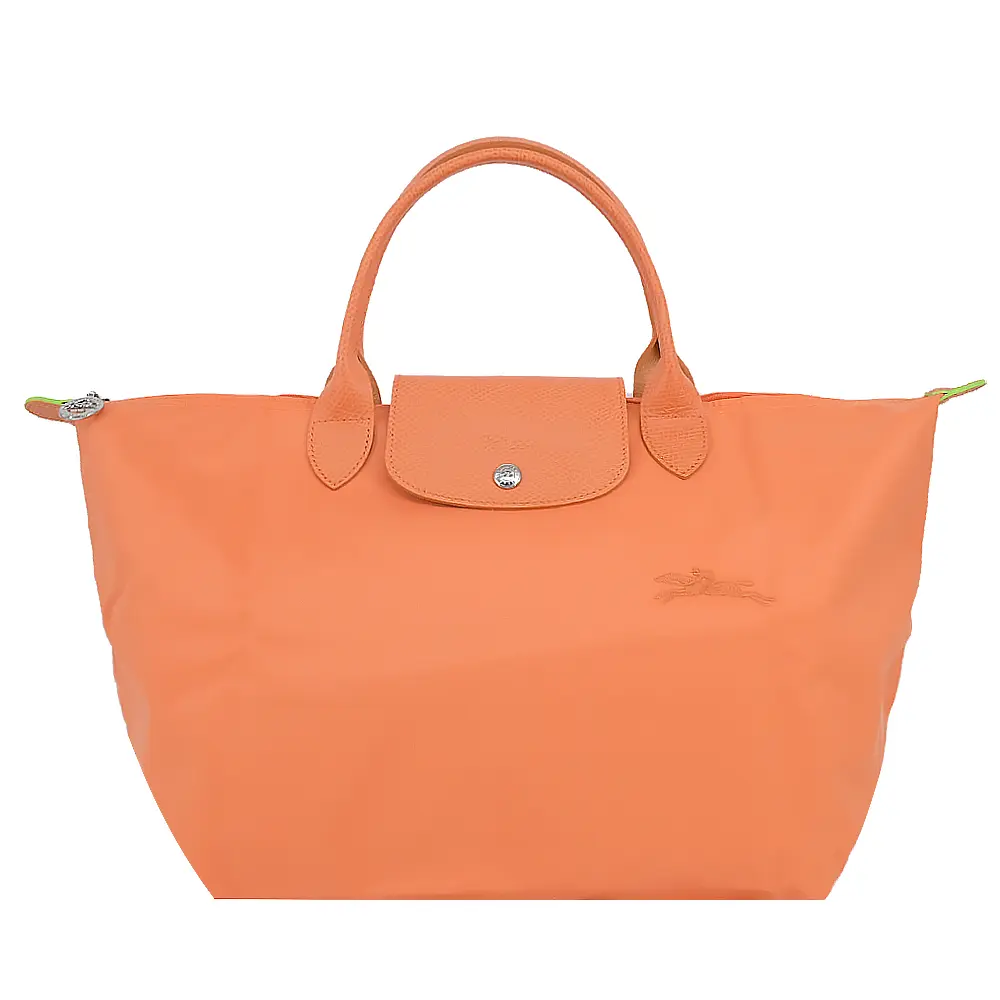 LONGCHAMP LE PLIAGE GREEN系列刺繡短把再生尼龍摺疊水餃包(中/橙)/平行輸入