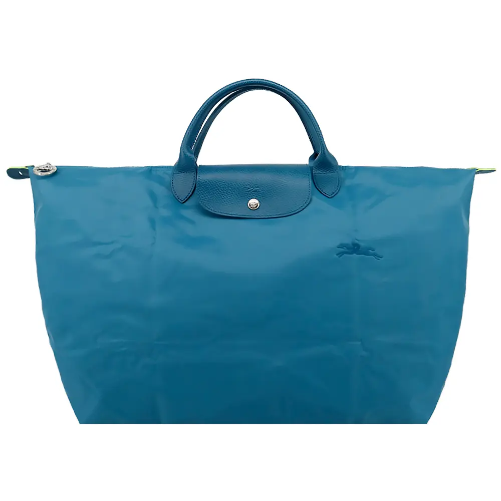 LONGCHAMP LE PLIAGE GREEN系列刺繡短把再生尼龍摺疊旅行袋(小/孔雀藍)/平行輸入