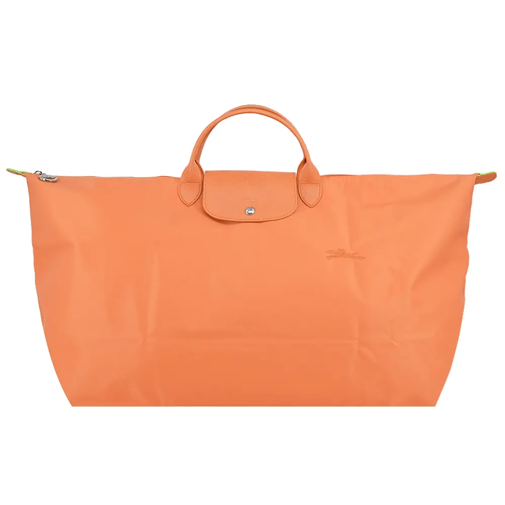 LONGCHAMP LE PLIAGE GREEN系列刺繡短把再生尼龍摺疊旅行袋(中/橙)/平行輸入