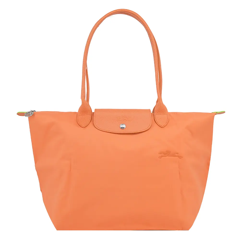 LONGCHAMP LE PLIAGE GREEN系列刺繡長把再生尼龍摺疊水餃包(大/橙)/平行輸入