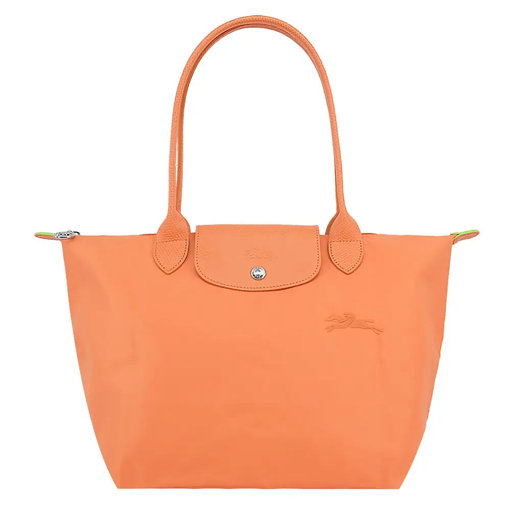 LONGCHAMP LE PLIAGE GREEN系列刺繡長把再生尼龍摺疊水餃包(中/橙)/平行輸入