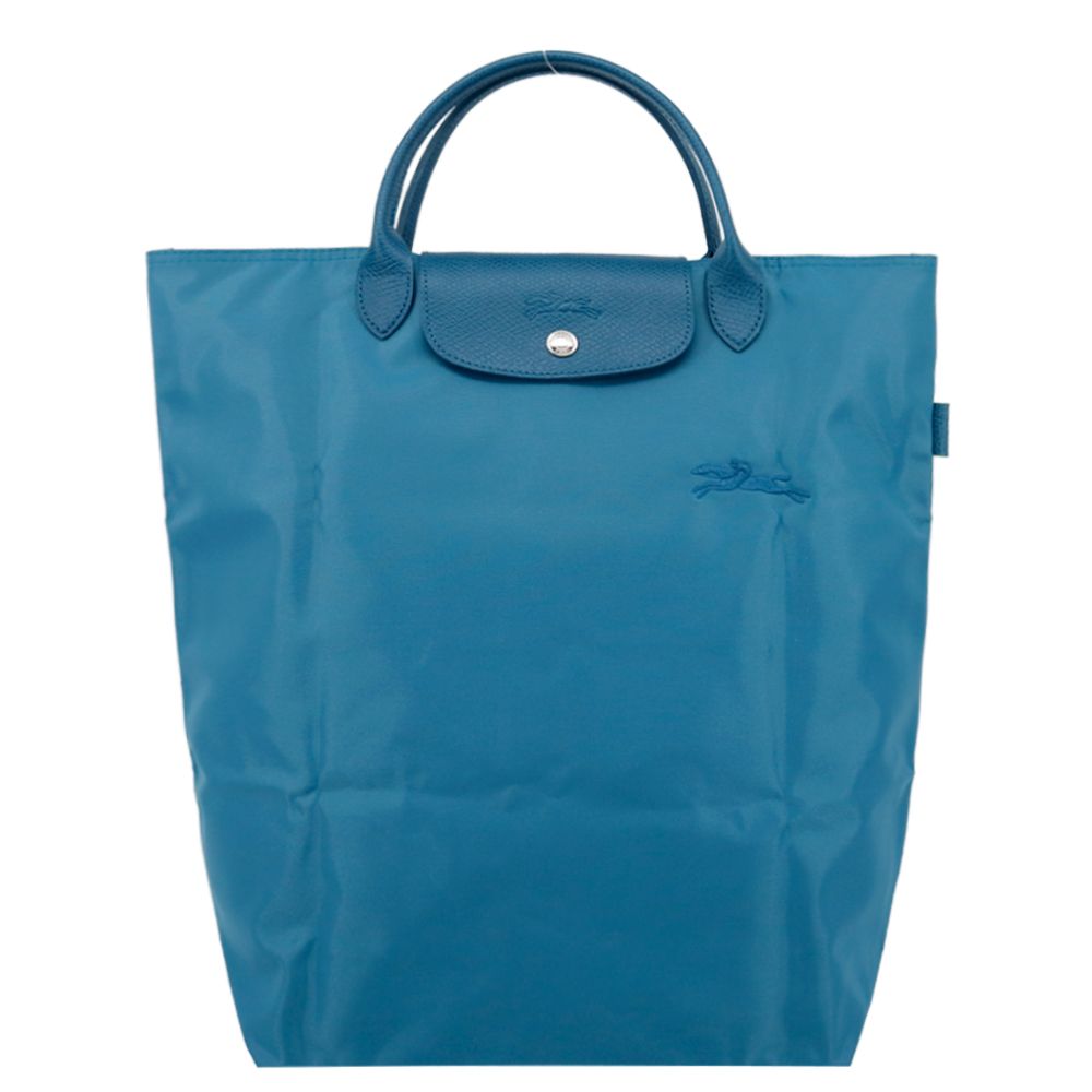 LONGCHAMP LE PLIAGE GREEN系列刺繡短把再生尼龍手提包(中/孔雀藍)/平行輸入