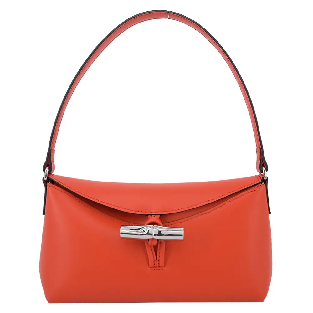 LONGCHAMP LE ROSEAU系列金屬竹節牛皮半月形單肩包(小/紅椒)/平行輸入